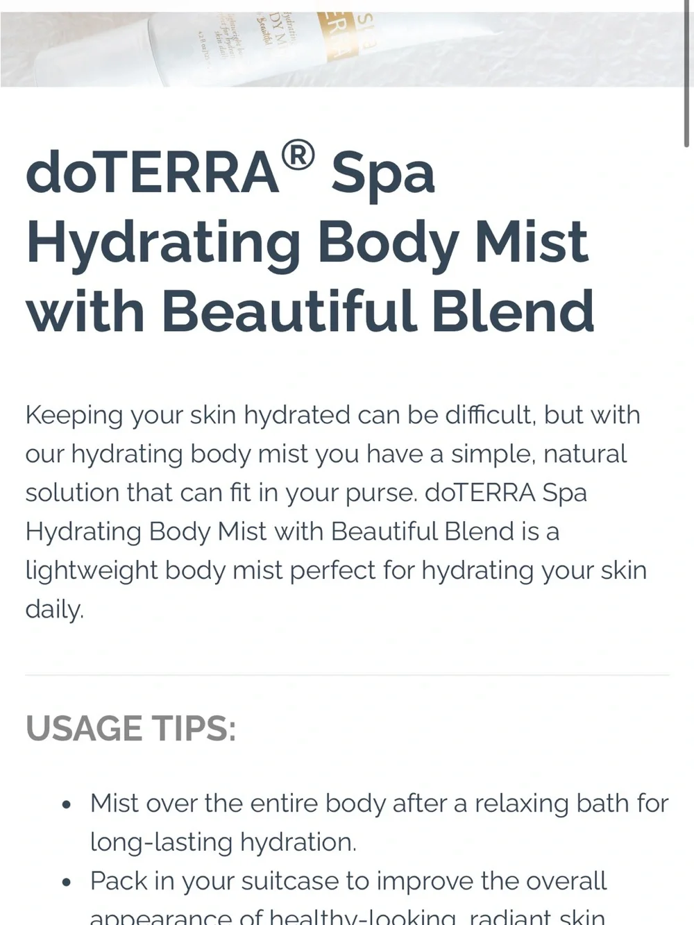 Doterra Spa Hydrating Body Mist & Anti-Aging Moisturizer - White Silver - Picture 3 of 9